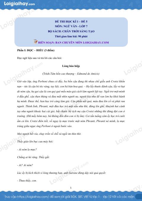 Đề thi học kì 1 Văn 7 Chân trời sáng tạo - Đề số 5